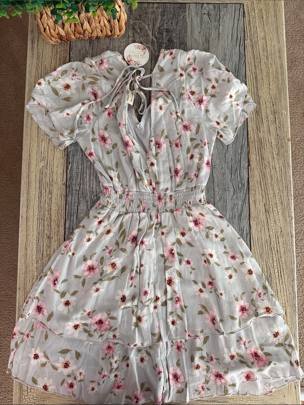 Peach Love California White Floral Tie-Back Tiered Dress - Pink Flowers - Picture 3 of 3